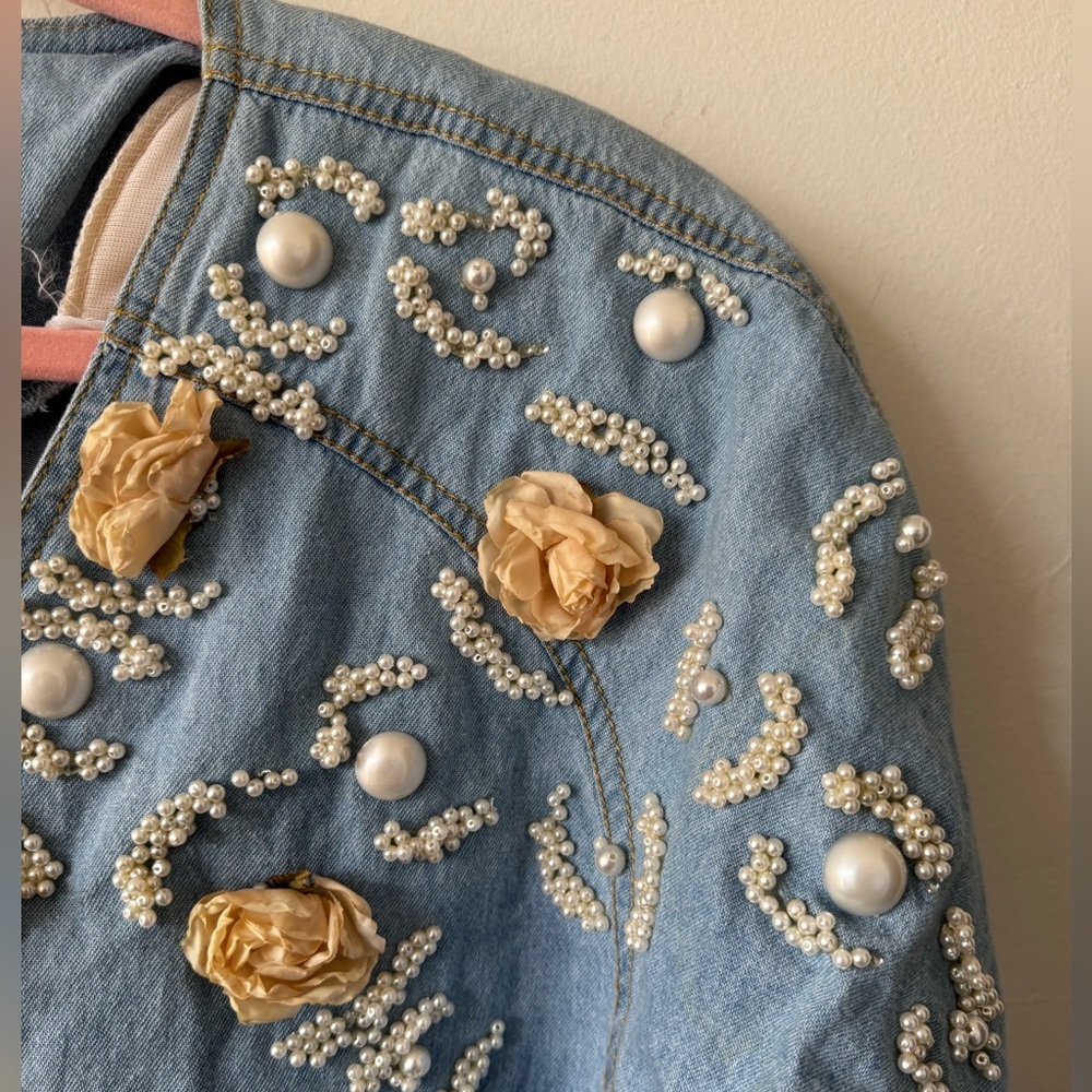 Vintage Denim Midi Dress Pearl Beaded Floral Appliqué Button Front Long Sleeve M - Picture 3 of 8